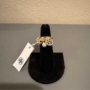 Tory Burch Icon Pavé Charm Ring with Gold Logo, double T, and Pearl Charm